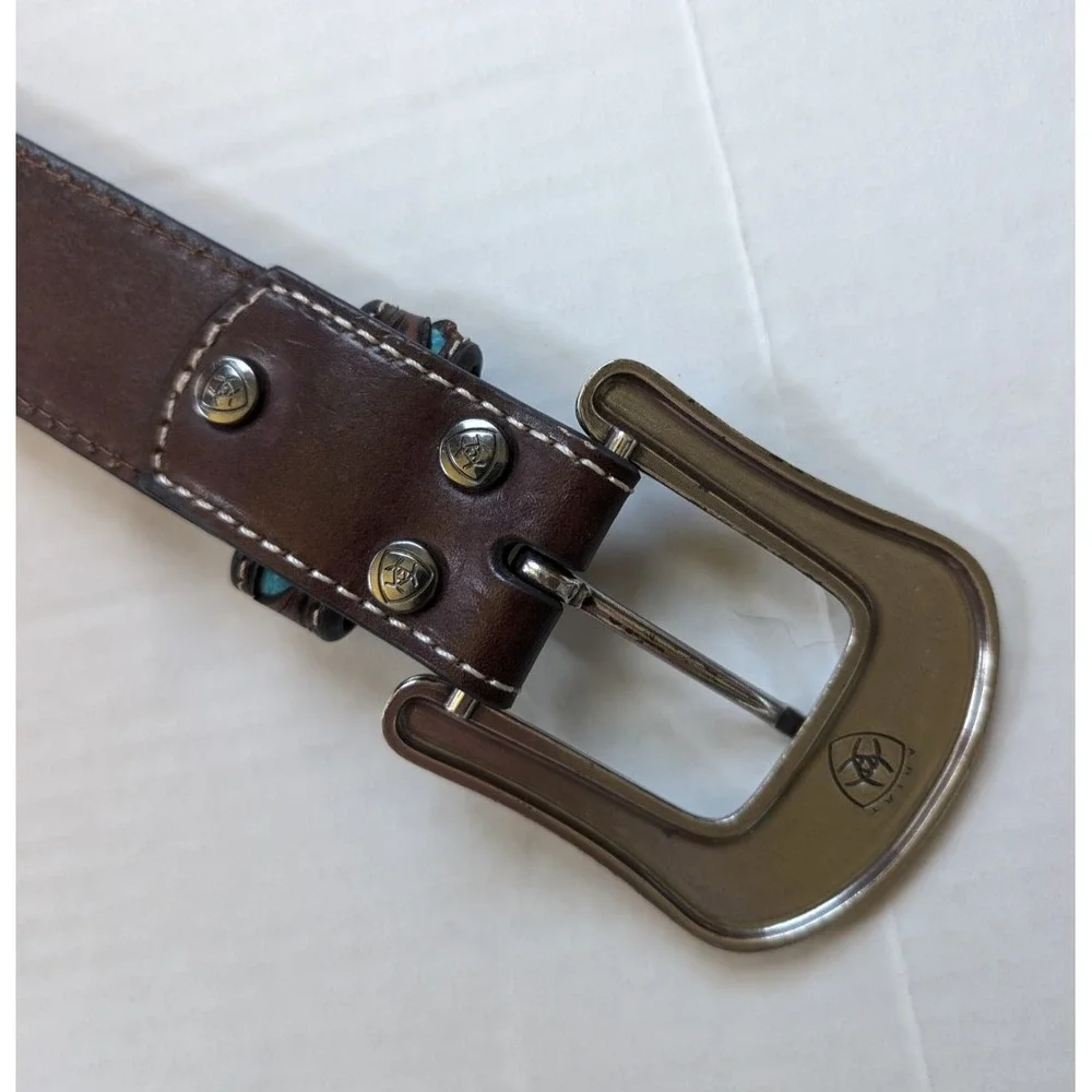 Womens Ariat Leather Belt Size Medium Brown Turquoise Inlay Floral Tooled